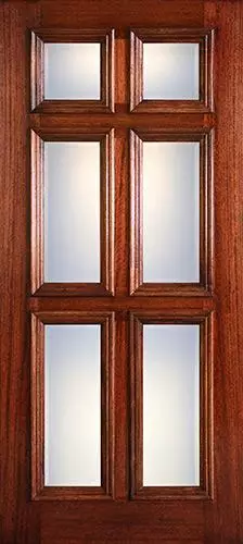 Hamilton Beveled Glass 6-Panel Low-E Mahogany Wood Door Slab #7093