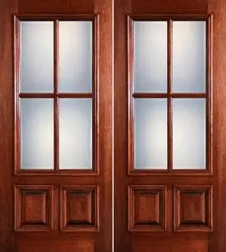 Preston 4-Lite Low-E 2-Panel Raised Mahogany Prehung Wood Double Door Unit